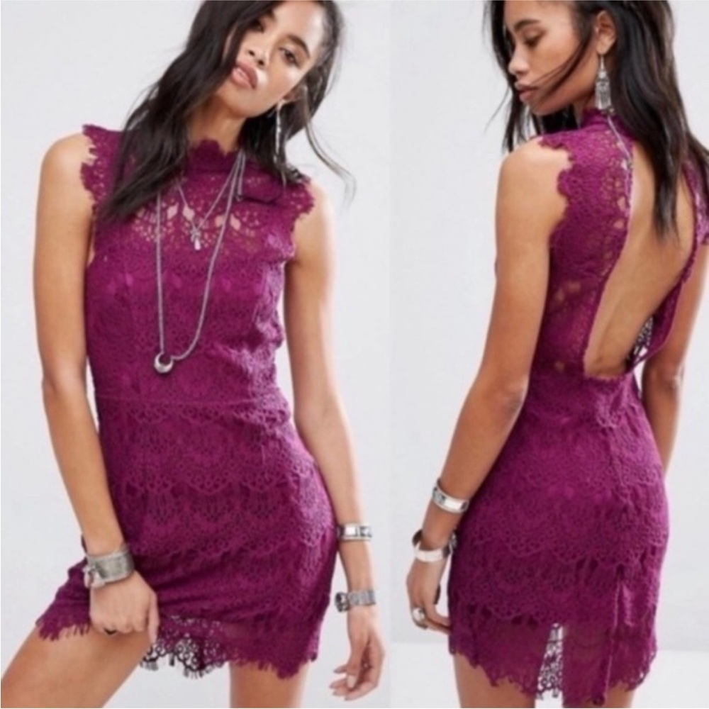 FREE PEOPLE INTIMATELY FP Daydream Lace Bodycon Mini Dress Purple Magenta Size S